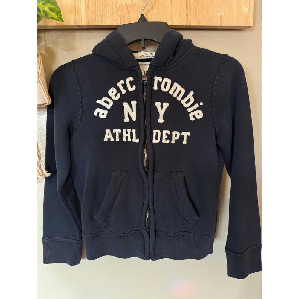 Y2K Abercrombie Kids Navy Blue Muscle Full Zip Hoodie NY Athl Dept Sz Small